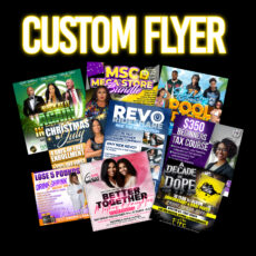 A collage of custom flyers for various events and services including business, fitness, tax courses, and rideshare promotions.