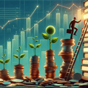 Silhouette of a man climbing a ladder of coin stacks and books with plant growth and skyscrapers in the background.