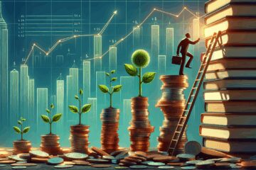 Silhouette of a man climbing a ladder of coin stacks and books with plant growth and skyscrapers in the background.