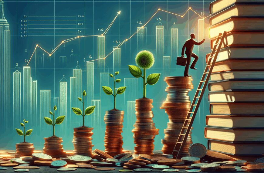 Silhouette of a man climbing a ladder of coin stacks and books with plant growth and skyscrapers in the background.