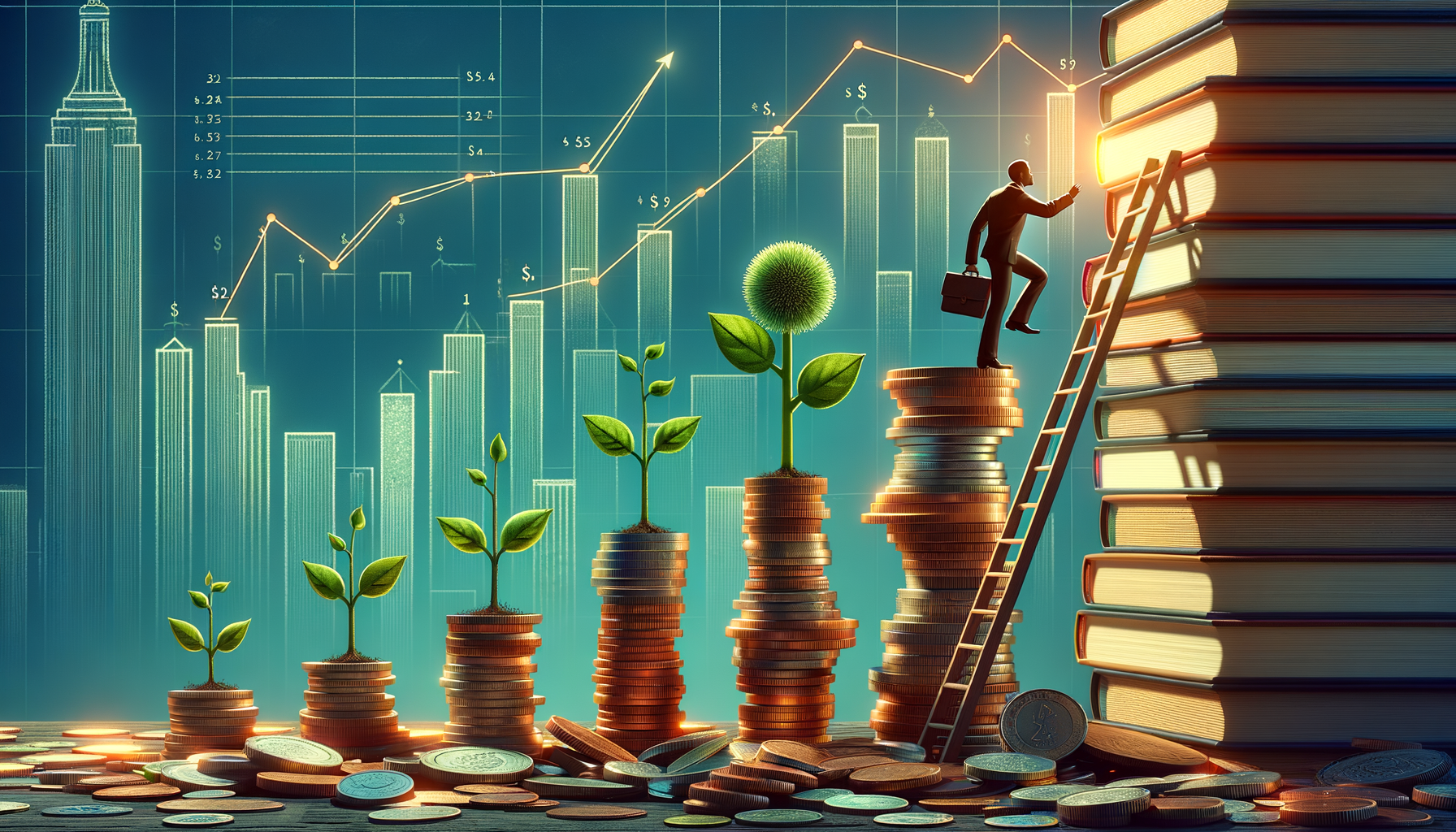 Silhouette of a man climbing a ladder of coin stacks and books with plant growth and skyscrapers in the background.